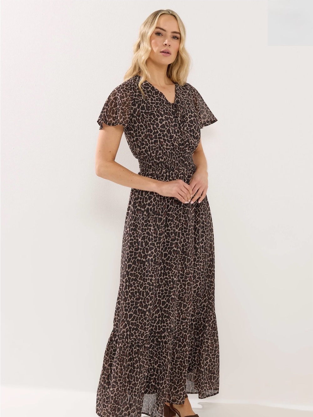 long tall sally Brown Leopard Print Maxi Dress with Gathered Waist, Drape Front